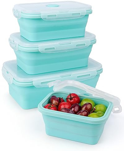 4er Set Silikon Frischhaltedosen mit Deckel Luftdicht, Faltbare Brotdose Vorratsdosen-Sets mit Deckel Bento Box Essensbox, Faltbare Schüssel Camping Zubehör Faltschüssel für Kühlschrank Mikrowelle