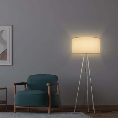 MeLiTec Tripod Stehleuchte ST51, Stehlampe im skandinavischen Stil, ideal für Wohnzimmer und Schlafzimmer, mit drei Füßen aus Metall, grau und Schirm weiß