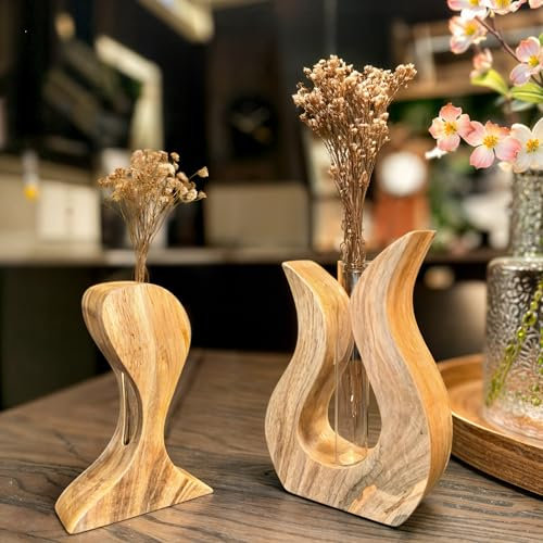 Holzvase Deko 2er Set Vasen Klein Tischdeko – Handgefertigte Vasen Deko aus massivem Mangoholz – Kleine Vase für Trockenblumen & eine stilvolle Tischdeko, Kleine Vasen für Tischdeko
