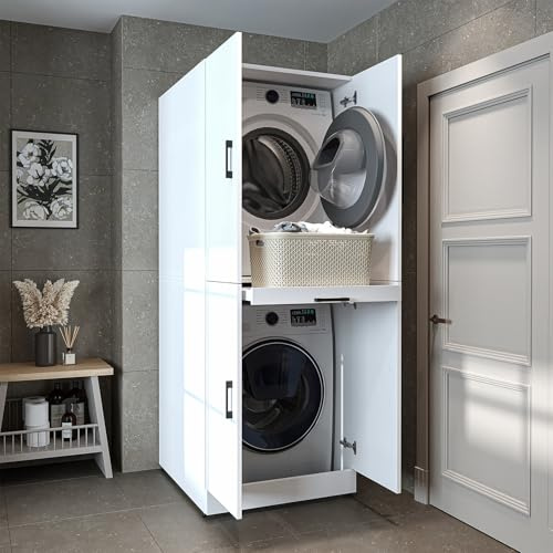 ROOMART Dora Armoire de machine à laver pour sèche-linge et machine à laver, en 4 couleurs, avec portes et planche coulissante (blanc)