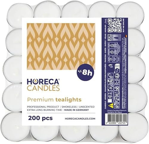 Horeca Candles - Teelichter 8 Stunden Brenndauer - Weiß - 200 Stück - Aluhülle - Kerzen zum Feiern, Deko, Hochzeit, Gastro, Party - Unparfümiert - Premium Qualitä