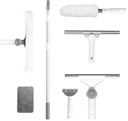 Escoba Mágica,Limpiador de Agua con Poste Extensible,rascadora 35cm,Plumero 55cm,para Ventanas Altas, Ducha, Vidrio, Automóvil(Gris,Blanco) (300cm)
