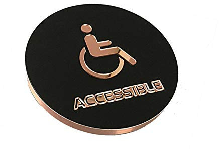 Toilettenschilder, Toilettenschild, Toilettenschild for Männer und Frauen, Toiletten- und Badezimmerschilder, Durchmesser 16 cm, Kreis, haften an der Glaswandtür, Roségold und Schwarz(Accessible)