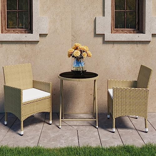 KTHLBRH 3-TLG. Bistro-Set Poly Rattan und Hartglas Beige Terrassenmöbel-Sets Balkonmöbel-Sets Gartenmöbel-Sets Outdoor-Möbel-Sets für Terrasse, Garten, Balkon