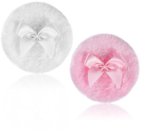 Piriuuo 2 Pcs Powder Puffs for Loose Powder, 3.5 Inch Fluffy Powders Puff Soft Washable Reusable Body Powders Puffs Wet Dry Makeup Tool (White & Pink)