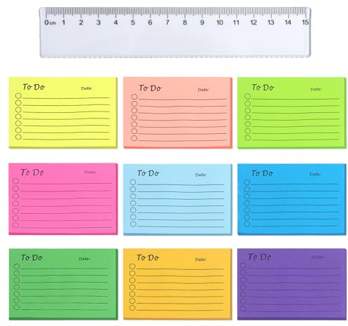 9 Blöcken Haftnotizen, 450 Blätter To Do Liste Haftnotizblock Linierte Notizzettel Sticky Notes Selbstklebend für Familie Schule Büro (10 X 7cm), mit 1 Lineal 15 cm