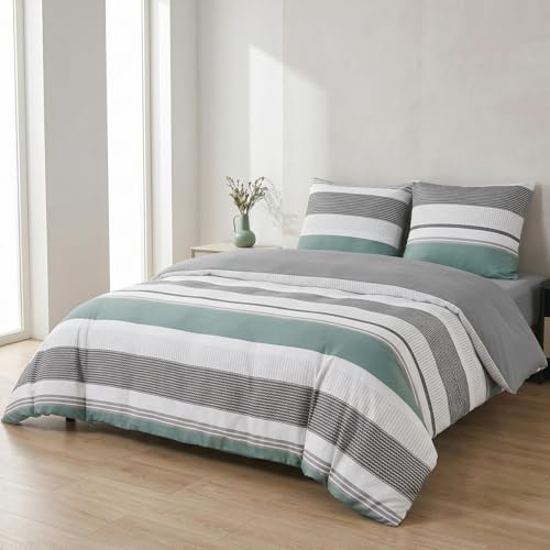 Nesture Bettwäsche 135x200 2teilig Mikrofaser, Gestreift Salbeigrün | 1x Bettbezug 135x200 + 1x Kissenbezug 80x80cm mit Reißverschluss, Bettwäsche-Sets Wendebettwäsche, weich & bügelfrei