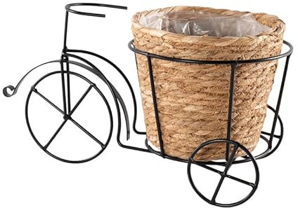 3-Wheel Metal Trike Bicycle Plant Stand with Seagrass Basket, Liner Included - Vintage Planter Flower Pot Shelf Cart Holder Home Indoor Outdoor Display Decorative for Patio, Deck, Garden, Lawn (34cm)