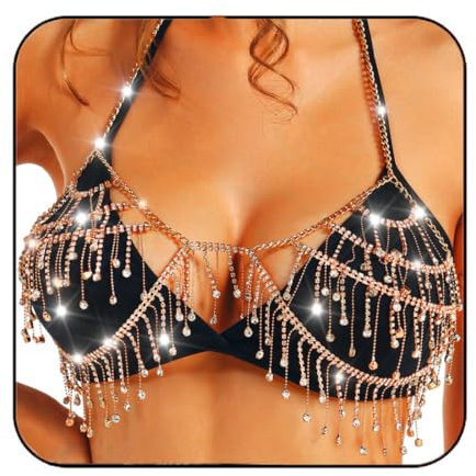 Flovel Körperkette Bh Gold Strass Bh Bikinikette mit Mehrlagigen Quasten für Damen