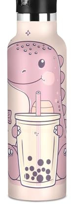 Botella de agua para niños para la escuela, a prueba de fugas, botella de agua aislada de 20 onzas, sin BPA, dinosaurio con té de burbujas