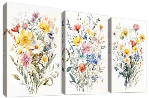 Set of 3 Bunter Blumenstrauß Blumen Leinwand Bilder Mit Rahmen Gelb Weiß Wildblumen Gänseblümchen Bild auf Leinwand Malerei Wandbilder Wohnzimmer Schlafzimmer Badezimmer Wanddeko 50x70cm x 3pcs
