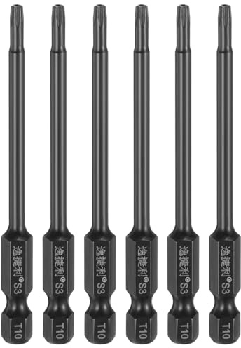 sourcing map 6 punte per cacciavite Torx T10 da 1/4, codolo esagonale, lunghezza 75 mm, in acciaio S3, magnetiche, a prova di manomissione, a stella a 6 punti, colore nero