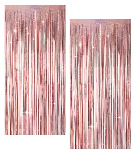 2 Lametta Vorhang Rosegold Glitzer, Party Deko Vorhänge 1m X 2.5 M, Glitzer Vorhang Geburtstag Hintergrund, Deko Hochzeit Luftschlangen, für Festival Zubehör Jga Deko Discokugel