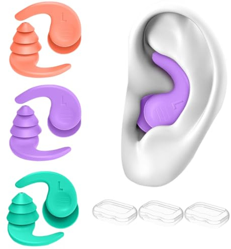 3 par simning öronproppar för vuxna, silikon, vattentäta, återanvändbara, simöronproppar för surfing, dusch, vattensporter och simning, öronproppar vuxna. (Rosa + orange + grön, vuxna och tonåringar)