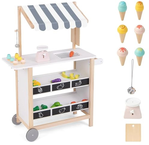Wooden Grocery Store Marketplace Toy, Colorful Supermarket Pretend Play, Extra Storage 6 Ice Creams Scales Bells Chalkboards, Fun Indoor Farmer's Market Stand Set Gift for Ages 3+ (Gray)