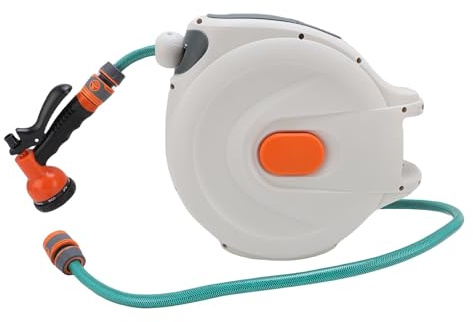 Luocute Automatic Retractable Garden Water Hose Reel, Wall Mounted Auto Rewind Water Hose Reel with High Pressure Sprayer, Any Length Lock, Effortless Organization, Garden (20m / 65.6ft)