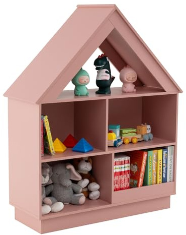 DREAMADE Kinderregal im Hausform, Spielzeugregal mit 5 offene Fächern, rutschfesten Füßen & Kippsicherung, Bücherregal aus Holz, Aufbewahrungsregal für Kinderzimmer & Kindergarten (Rosa)