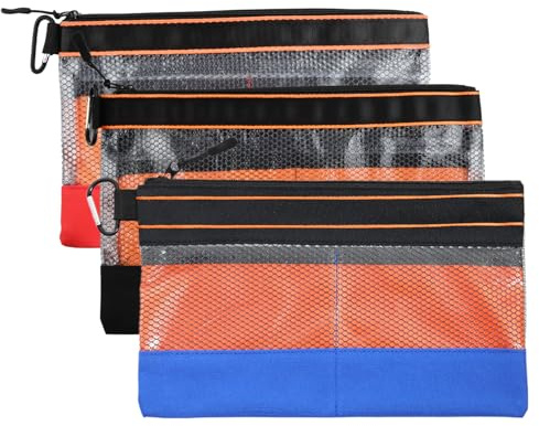 3 Pcs Petite Trousse, Oxford 600D, 29x18cm, Sac a Outils Transparent avec Crochet Métal, Compartiments Maillés, Pochette Zippée Rangement, Sacoche Outils Etanche Antistatique Électrique Métallique