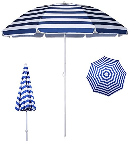 Parasol de plage à rayures bleues et blanches de 280 cm - Inclinaison réglable - Résistant au vent - Imperméable - Mât en aluminium - Idéal pour une utilisation en extérieur, terrasse, jardin
