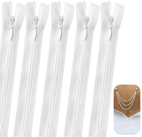 5 Stück Unsichtbar Reißverschlüsse,40cm Nylon Nähreißverschlüsse,Weißer Reißverschluss mit Metallreißverschluss, Nicht Teilbar,Reisverschluss für Kleidung,Hosen,Kissen,Taschen,Kissenbezügen,Nähzubehör
