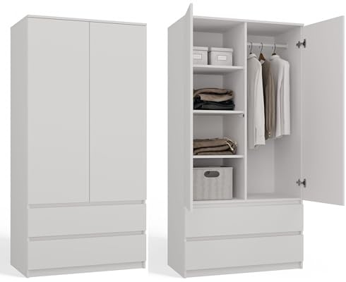 CDF Kleiderschrank Weiß 90cm Breit Kinderzimmer Schlafzimmer 2 Schubladen 2-türig Kleiderschrank Zweitüriger Schrank Moderne Look Alles für die Montage Inklusive Garderobenschrank Klamotten Spielzeuge
