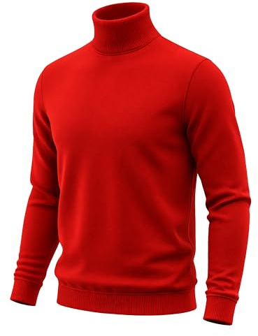 URBAN BUCK Mens Turtleneck Long Sleeve Sweater Lightweight Fleece Pullover Warm Winter Slim Fit Ribbed Neck Owen Red Undershirt for Men (L)