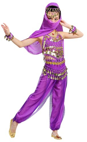 Kinder Bauchtanz Kostüm Set Orientalischer Tanz Mädchen Bauchtanz Bauchtanz Kleidung Bauchtanz Kinder Indisch Tanzklasse Belly Dance Tanzkostüm Hip Hop Outfit Verkleidung (Purple, 11-12 Years)