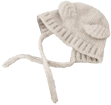 Generisk läderhuva flygare damer, enfärgad, med björn örondekor, stickad mössa, dagliga tillbehör huvbindor, Beige, one size
