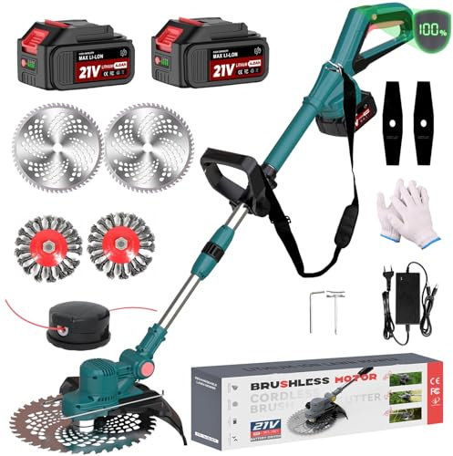 Hengriacly Rasentrimmer mit Akku 21V, Akku Rasentrimmer für Makita Akkus | Freischneider Akku, Rasentrimmer mit Unkrautbürste, 2 X 4.0Ah Akkus, Brushless, Tap&Go M10 x 1,25 Fadenkopf