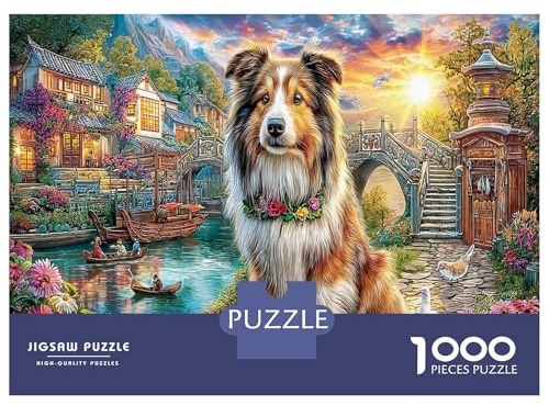 Chien Collie dans Un Village Chinois 1000 Pièces Jeu De Casse-tête en Carton Supérieur pour des Moments en Famille Collie Dog par Canal Qui Fait Aussi Une Magnifique Décoration Et Un Cadeau APPR