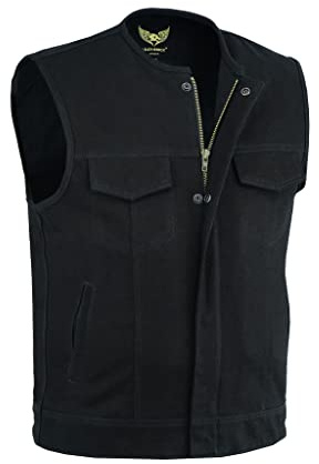 Leatherick Chaleco estilo motero sin cuello de mezclilla pesado con ribete de cuero para hombre con bolsillos profundos estilo anarquista