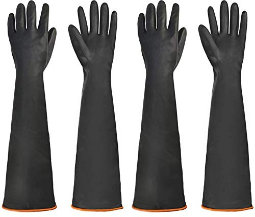 LINGHUANG Chemical Resistant Industrial Rubber Protective Gauntlets Gloves Resist Strong Acid 21.65inch,L Size,Black with Orange Lining (2 Pairs)
