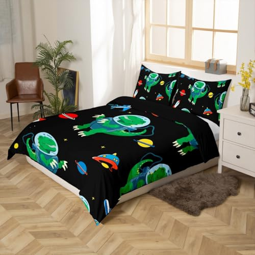 Feelyou Boys Cartoon Dinosaur Duvet Cover Queen Size Kids Cute Dino Comforter Cover Funny Dinosaur Astronaut Bedding Set Space Rocket Print Bedspread Cover Outer Space Theme Room Decor (No Comforter)