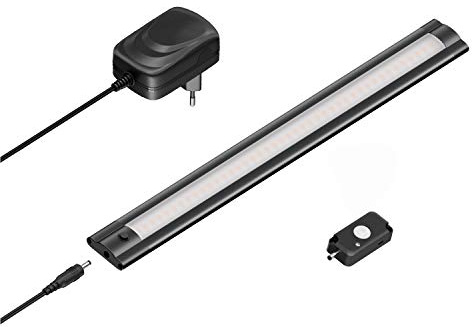 ledscom.de LED Unterbau-Leuchte SIRIS schwarz matt mit Netzteil und Bewegungsmelder, flach, 30cm, 370lm, weiß