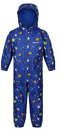 Regatta Kids All in 1s Waterproof Breathable Pobble Print Jumpsuit with Warm Lining and Reflective Strips