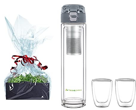 tea4chill Tee Geschenk Set, Teeflasche mit Sieb to go, Trinkflasche aus doppelwandigem Glas 400ml anthrazit + Neoprenhülle + 2 Teecups