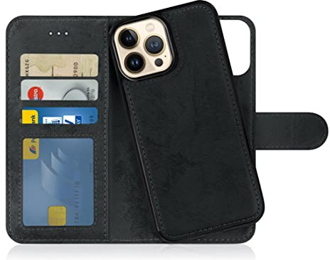 MyGadget Flip-fodral för iPhone 14 Pro Max - [avtagbart magnetfodral] - mobilfodral av konstläder - [flipfodral med kortplats] skyddsfodral i gråsvart
