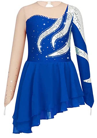 Runhomal Mädchen Langarm Eiskunstlauf-Kleid Pailletten Tanzkleid Skaterkleid Rundhals Ballettkleid Ballettkleidung Turnbody Balletttrikot mit Chiffon Tanzrock Dunkelblau 122-128