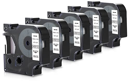 P PUTY 45013 Etikettenband Kompatible zum D1 Etikettenband 45013 | Schriftband als Ersatz für 12mm x 7m Weiß auf Schwarz für Labelmanager 160, 5 Rollen