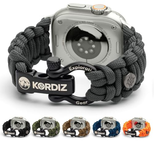KORDIZ Survivor Armband aus Paracord kompatibel mit Apple Watch Ultra 2/1 und Series 10/9/8/7/6/5/4/3/2/1/SE - 49 mm, 46 mm, 45 mm, 44 mm - Mit verstellbarem Edelstahl-Verschluss, L for Ultra 49mm