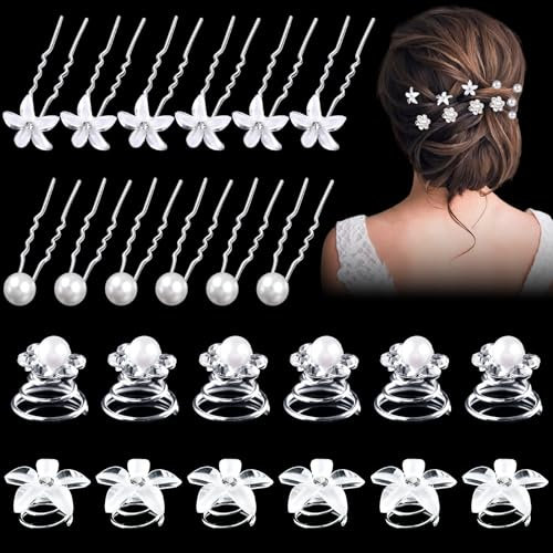 MELLIEX 24 Stücke Haarschmuck Hochzeit, Blumen Perlen Braut Haarschmuck, U-Förmige Brautschmuck Haarnadeln, Strass Curlies Spiralen Haarspange für Frauen und Mädchen