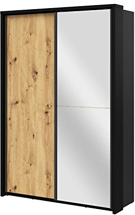 MINIO go for it - Zweitüriger Kleiderschrank ERTA 21, Schiebetürenschrank mit Spiegel, 160 cm, Farbe: Artisan Eiche/Schwarz matt