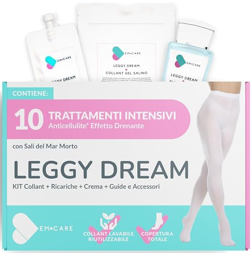 EM CARE Kit Anticellulite Drenante 10 Trattamenti ai Sali del Mar Morto | 5 Trattamenti Collant (1 Pronto + Ricarica per 4) + 5 Trattamenti Crema. Include Pantalone in Cartene