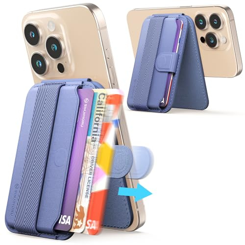 Sinjimoru Pull & Eject Magnetic Wallet for iPhone, Phone Wallet with Adjustable Stand, Compatible with MagSafe Wallet, M-Pull Tab Stand Lavender | M-Pull Tab Stand, pull-up strap wallet, 3-in-1 kickstand phone grip, 3 cards quick eject, vegan leather, fits iPhone 17-12