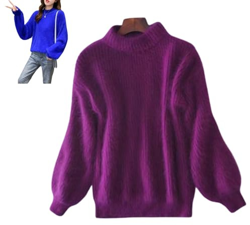 Nearflying Maglione caldo allentato di misto cashmere d'angora di inverno della signora, maglione soffice del pullover del maglione del maglione del girocollo di colore solido, Viola, Taglia unica
