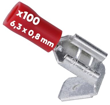 100 Stück Kalitec FHAR638 Flachsteckhülsen rot 6,3x0,8 mit Abzweig I 0,5-1mm² Steckverbinder I teilisoliert I Messing I PVC Kragen I für Kfz & Industrie