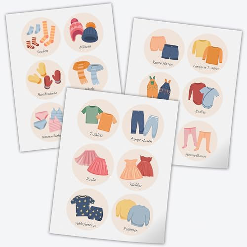 INDIGOS UG - Aufkleber Kleiderschrank - 3er Set - Kleidung Kinder - 18 Stück - 85mm - selbstklebende Etiketten für Mädchen und Jungen - Ordnung und Organisation im Kinderzimmer