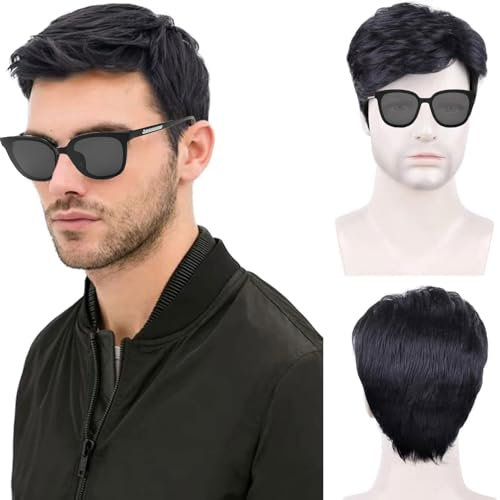 TSHAOUN Mens Short Wig - Black, Layered, Natural, Handsome, 70s 80s Disco Style, Daily Use, Cosplay & Costume Wig (Black)