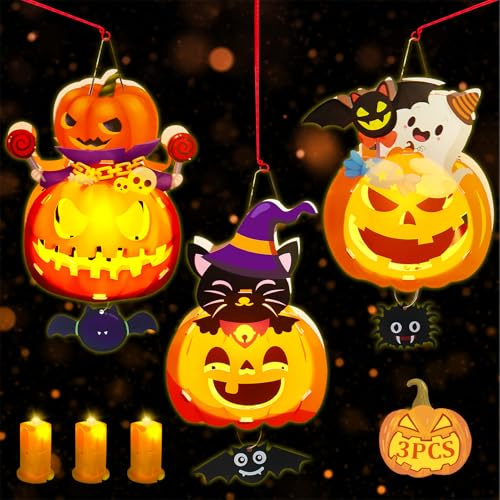Lets Joy Halloween Laternen, 3 Stück Laternenstab mit LED, Laternemit Laternenstab, Halloween Party Dekoration Geschenke