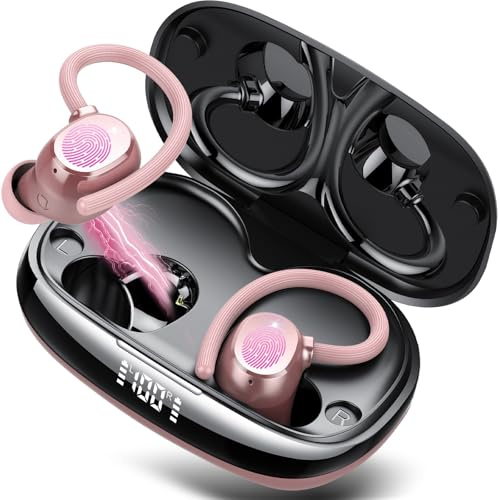 Écouteurs Bluetooth Sport, Ecouteurs Bluetooth 5.4 sans Fil avec HiFi Stéréo, 80H Oreillette Bluetooth ENC Réduction Antibruit Mic Casque Bluetooth, Ecouteurs sans Fil Écran LED pour Courir, Rose